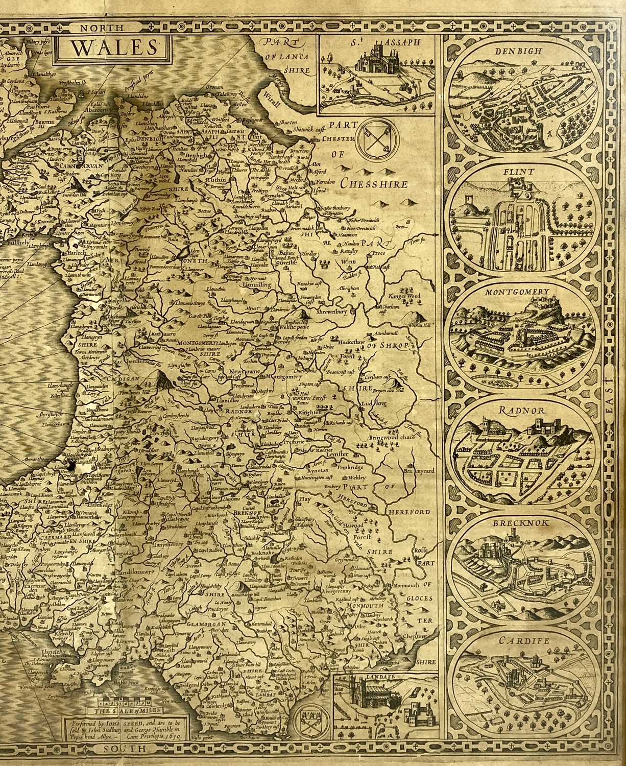 JOHN SPEED uncoloured engraved map of Wales, John Sudbury and George Humble, dated 1610, twelve oval - Image 4 of 5