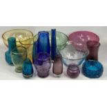 WHITEFRIARS & OTHER GLASSWARE, including turquoise textured vase, 18cms (h) shallow bowl, 13cms (