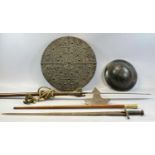 GROUP OF ANTIQUE STYLE WEAPONS & OTHER ITEMS, including WW2 period steel helmet, a halberd with