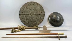 GROUP OF ANTIQUE STYLE WEAPONS & OTHER ITEMS, including WW2 period steel helmet, a halberd with