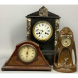 THREE MANTEL CLOCKS, late 19th/early 20th century, black slate and marble with circular enamel dial,