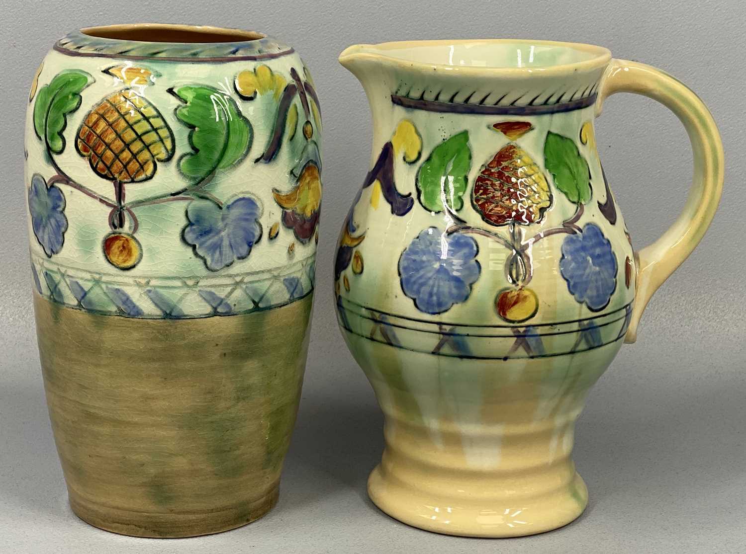 BRANGWYN WARE VASE, 22.5cms (h) and jug 21.5cms (h), pattern D5079 stylised flowers and leaves, - Image 2 of 4