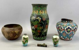 ORIENTAL METALWARE including Japanese silver cloisonne vases, a pair of baluster form, pale blue