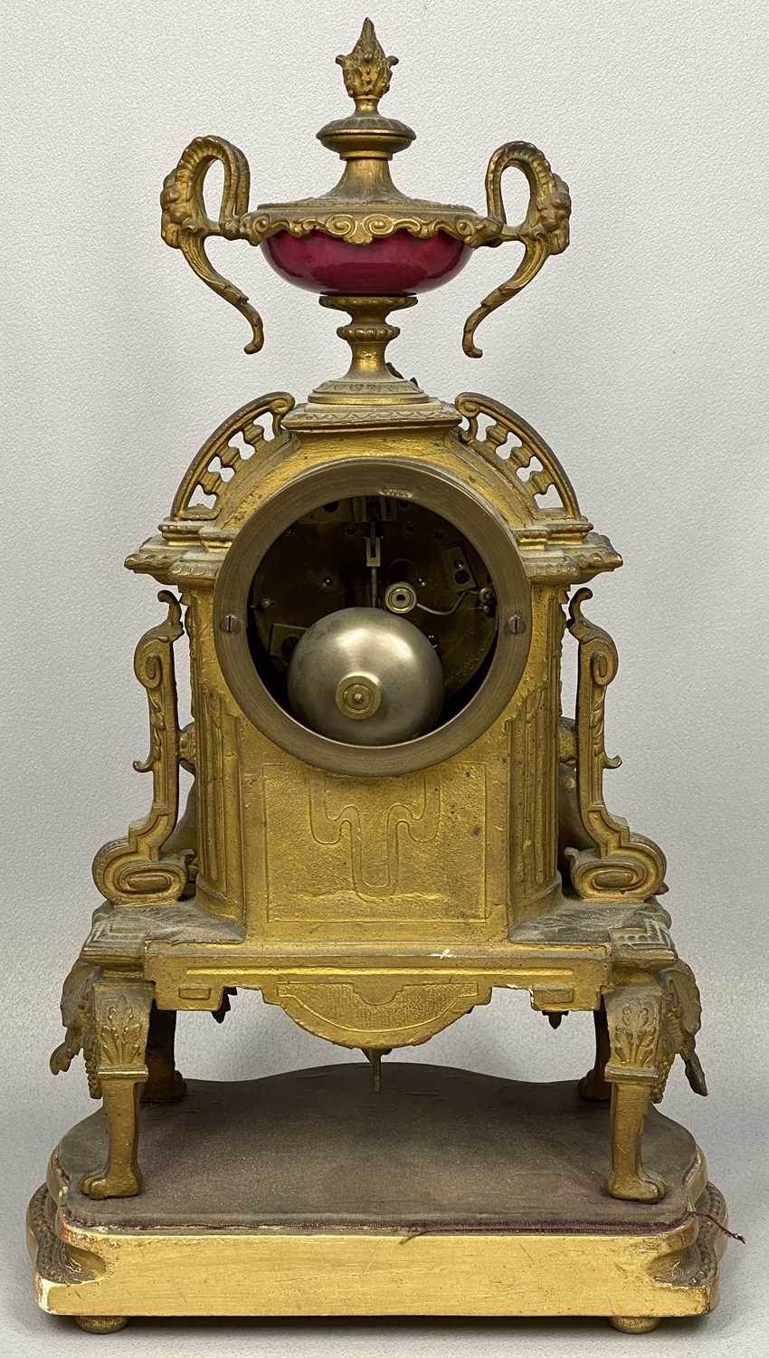 FRENCH GILT METAL SEVRES STYLE PORCELAIN CLOCK GARNITURE, late 19th century, the hand painted panels - Image 3 of 5