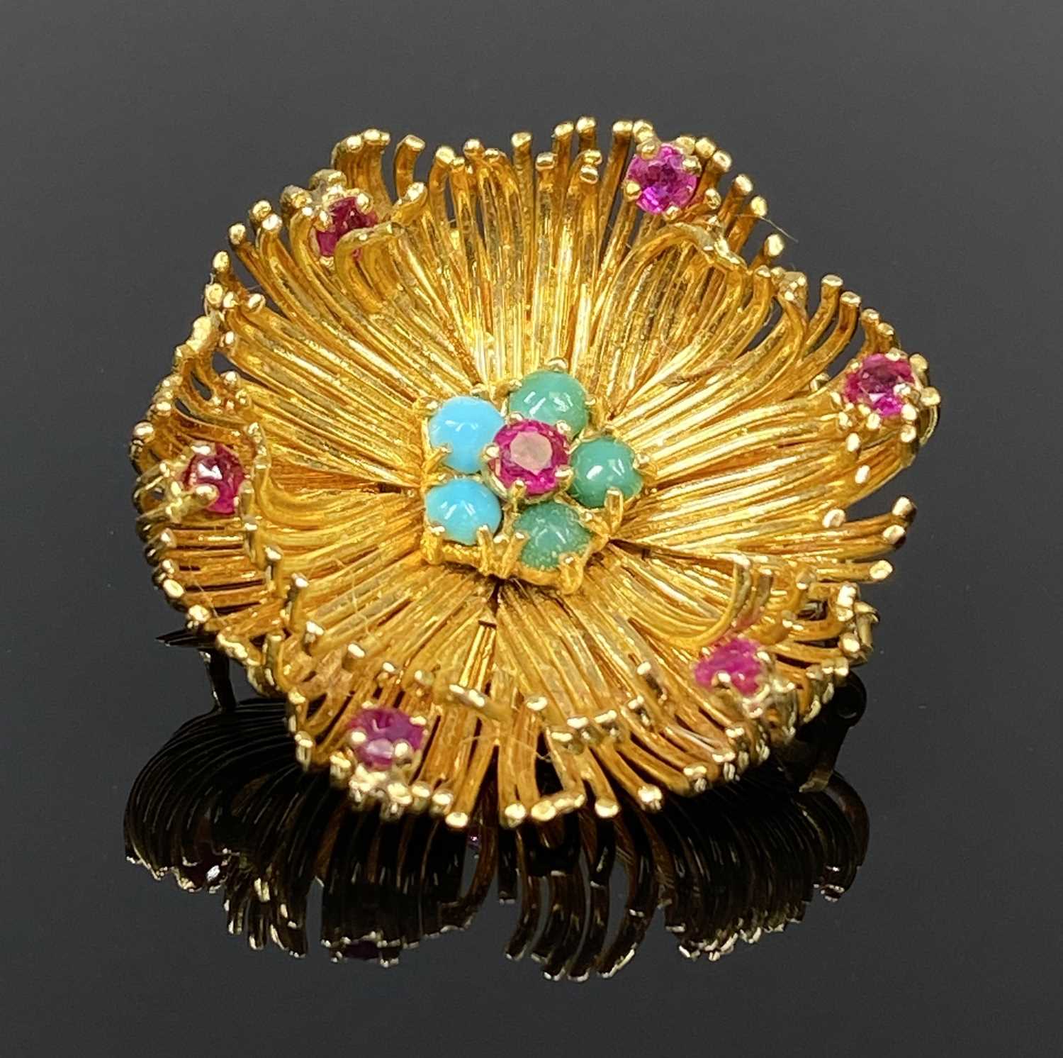 FRENCH RUBY, TURQUOISE & POSSIBLY JADE SET FLORAL BROOCH, untested, stamped 'Depose' only, but - Image 2 of 3