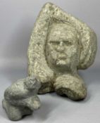 TWO CARVED STONE SCULPTURES, bust with arm around head, 28cms (h) and kneeling figure, 12cms (h)