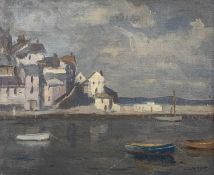 ‡ LESLIE KENT (British. 1890-1980) oil on board - harbour village with moored boats, 24 x 29cms
