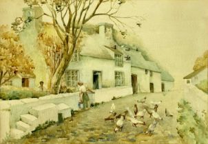 ‡ HARRY HUGHES WILLIAMS (British. 1892-1953) watercolour - whitewashed farmhouse with figures and