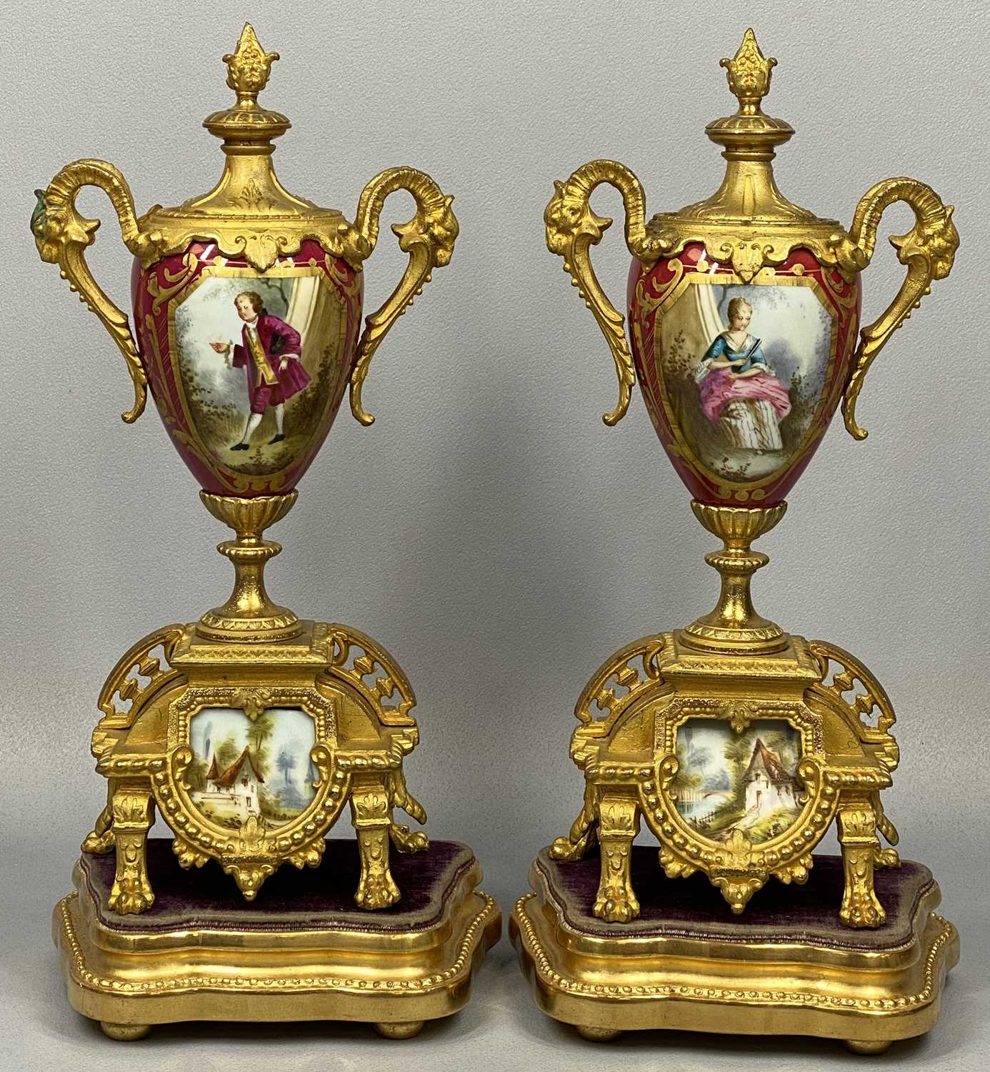 FRENCH GILT METAL SEVRES STYLE PORCELAIN CLOCK GARNITURE, late 19th century, the hand painted panels - Image 4 of 5