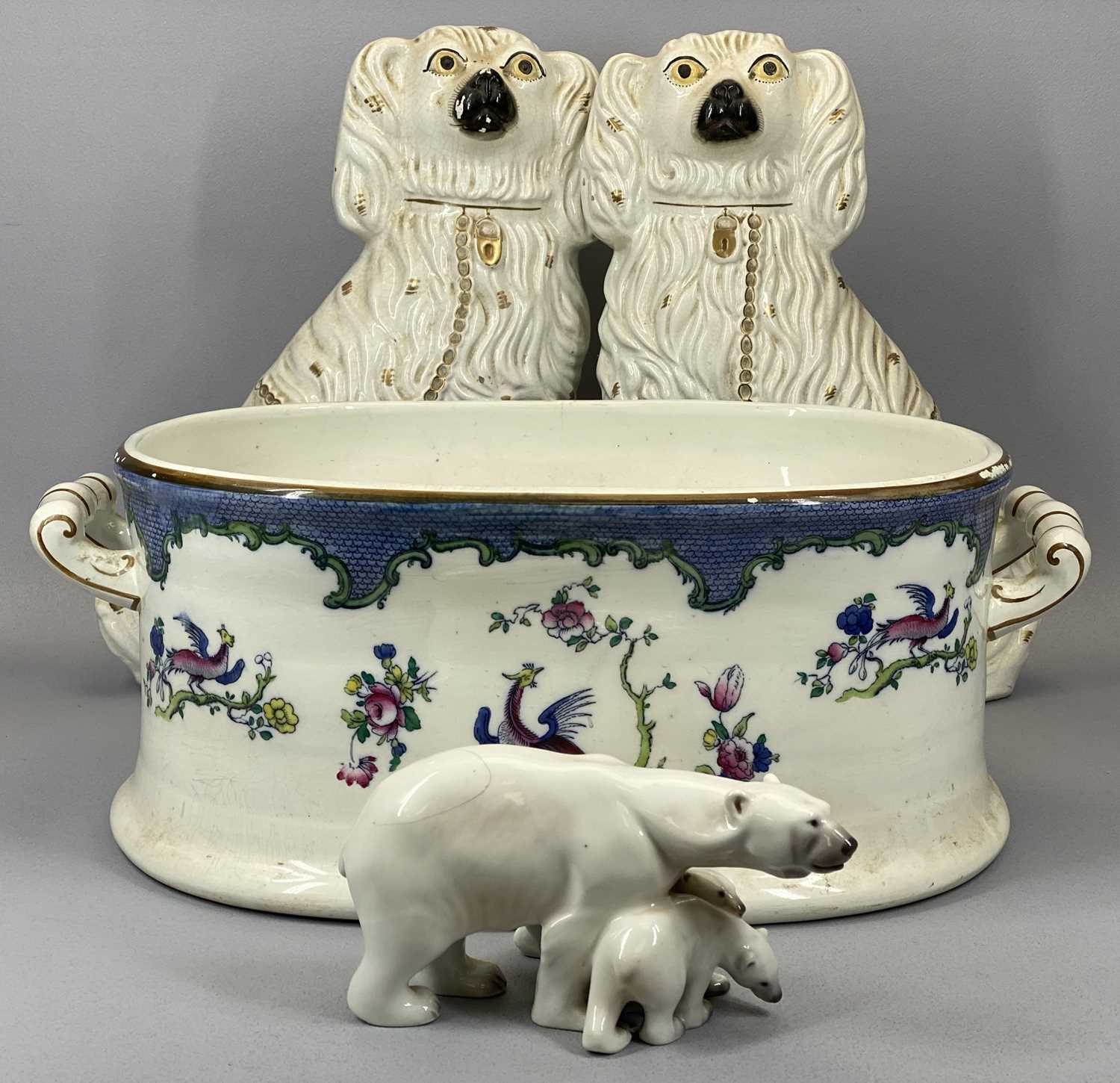 GROUP OF MIXED CERAMICS comprising pair of large Victorian Staffordshire spaniels, cream glazed with
