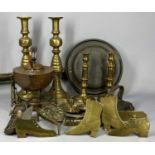GROUP OF VICTORIAN & LATER METALWARE, to include arts and crafts copper tea kettle on stand with