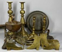 GROUP OF VICTORIAN & LATER METALWARE, to include arts and crafts copper tea kettle on stand with