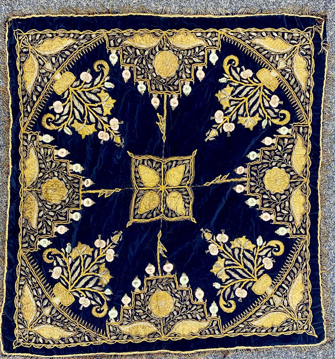 ANTIQUE BLUE VELVET GYPSY TABLE COVER, embroidered in gold and silver thread, 78 x 72cms Provenance: