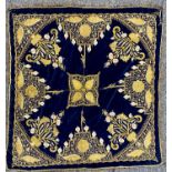 ANTIQUE BLUE VELVET GYPSY TABLE COVER, embroidered in gold and silver thread, 78 x 72cms Provenance: