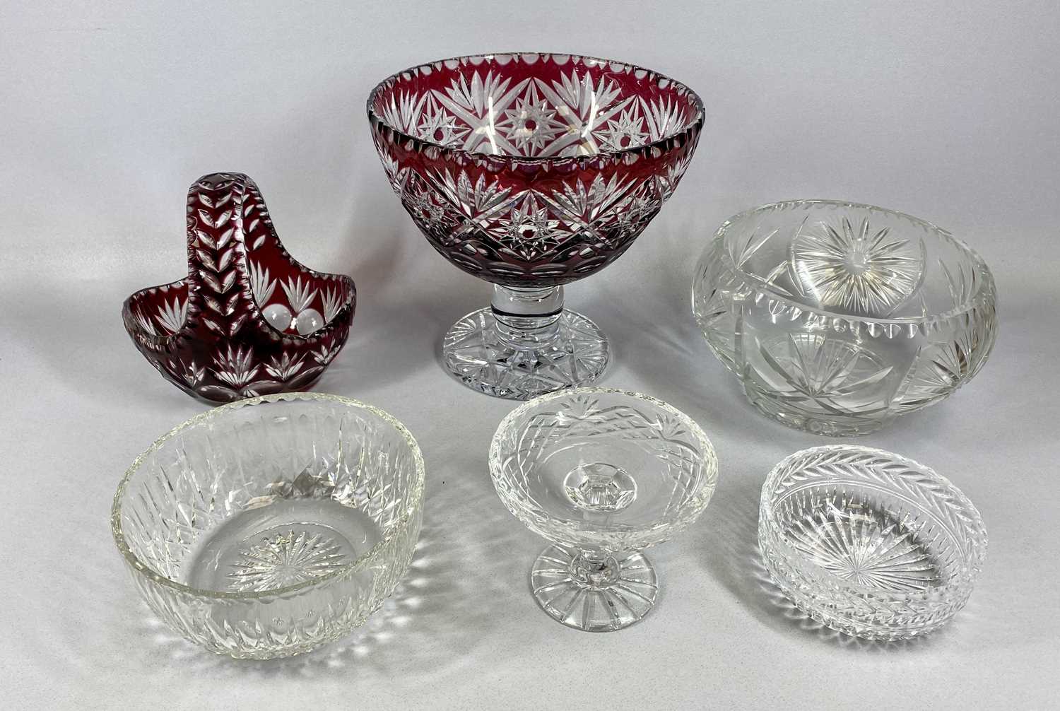 GROUP OF MIXED GLASS includes substantial ruby and wheel cut glass pedestal fruit bowl, 26.5 (h) x - Image 2 of 3