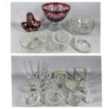 GROUP OF MIXED GLASS includes substantial ruby and wheel cut glass pedestal fruit bowl, 26.5 (h) x