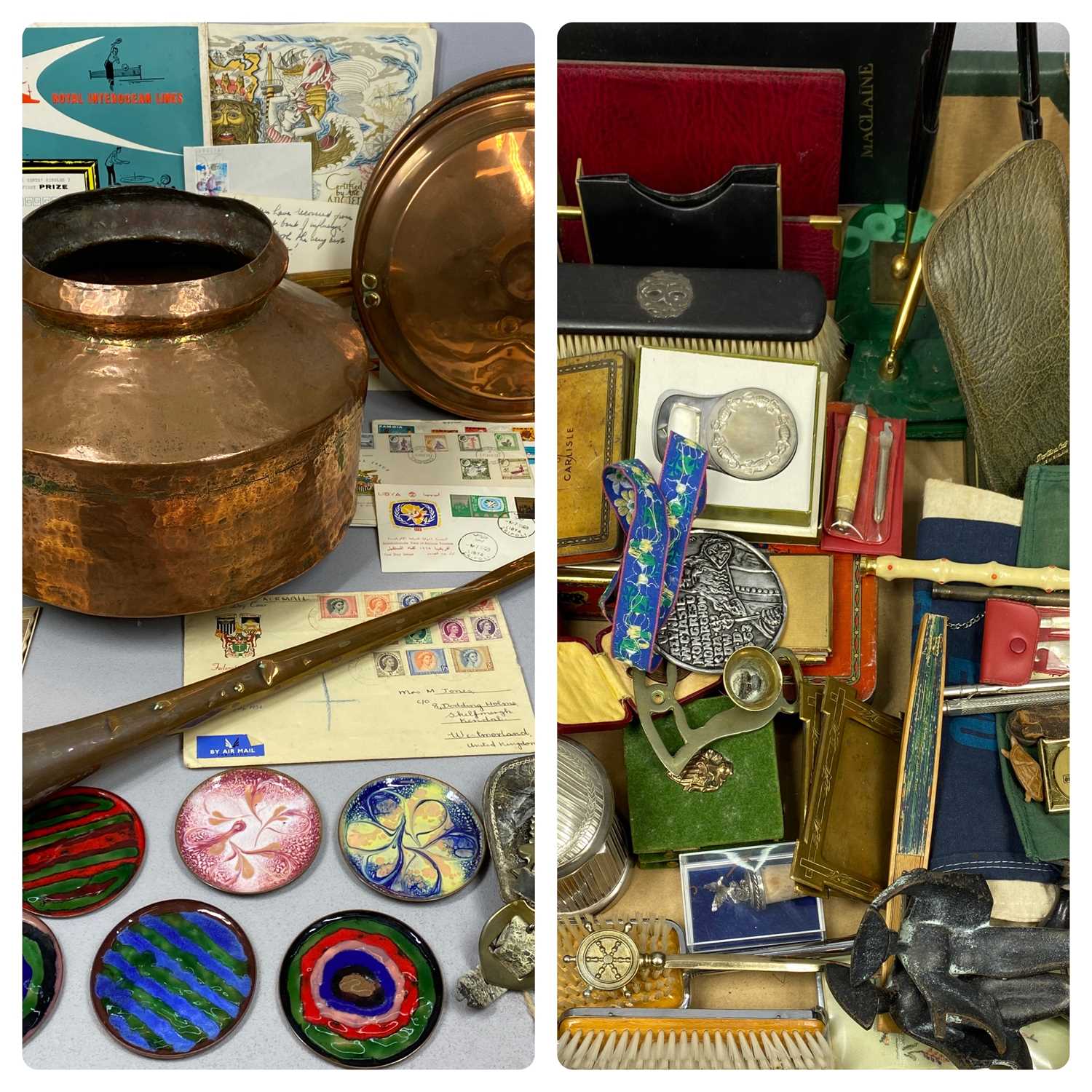 ANTIQUE COPPER & BRASSWARE, DESKTOP COLLECTABLES ETC. to include an Eastern style copper pot, 25 (h)