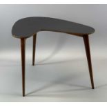 RETRO TEAK TABLE, asymmetric black Formica top on three tapering supports, stamped 20, 40 (h) x