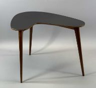 RETRO TEAK TABLE, asymmetric black Formica top on three tapering supports, stamped 20, 40 (h) x