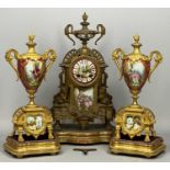 FRENCH GILT METAL SEVRES STYLE PORCELAIN CLOCK GARNITURE, late 19th century, the hand painted panels