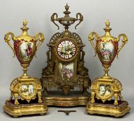 FRENCH GILT METAL SEVRES STYLE PORCELAIN CLOCK GARNITURE, late 19th century, the hand painted panels
