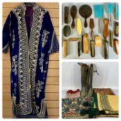 MIXED CLOTHING & FABRIC COLLECTABLES, to include a blue velvet and gilt thread kaftan robe, pair