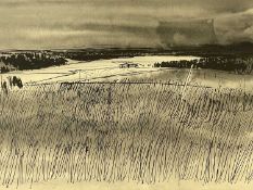 ‡ HARTLEY RAMSAY (British 20th Century) pen, ink and watercolour - landscape with fields, signed