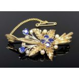 9CT YELLOW & WHITE GOLD BLUE SAPPHIRE, DIAMOND & SEED PEARL FLORAL SPRAY BROOCH, London 1961, 5 x