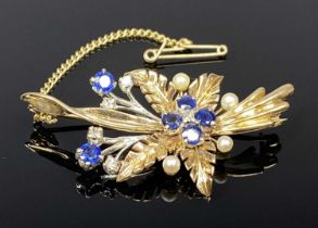 9CT YELLOW & WHITE GOLD BLUE SAPPHIRE, DIAMOND & SEED PEARL FLORAL SPRAY BROOCH, London 1961, 5 x