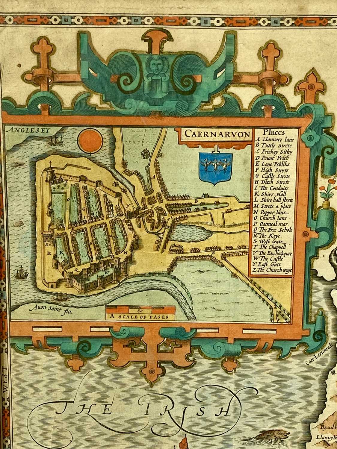 JOHN SPEED coloured engraved map of Caernarvon, both Shyre and Shire-towne with the ancient citie - Image 2 of 5