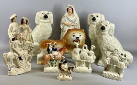 GROUP OF 19TH CENTURY STAFFORDSHIRE POTTERY, including brown and cream glazed standing lion with