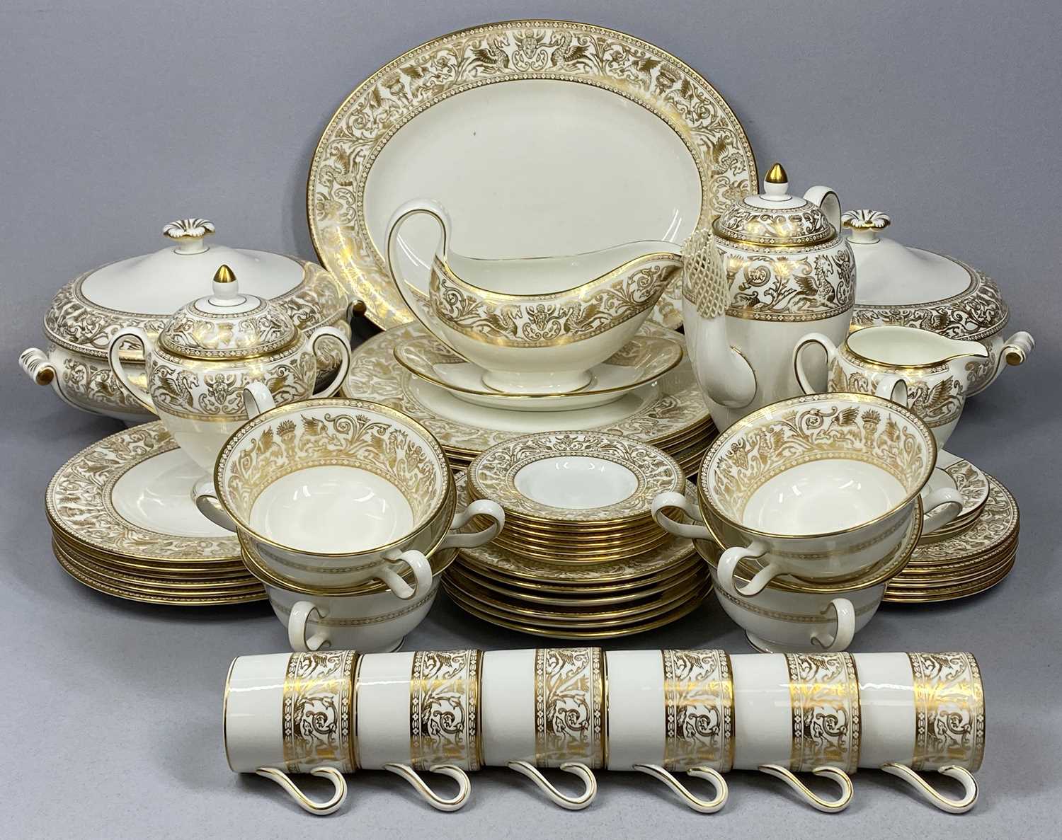 WEDGWOOD GOLD FLORENTINE COFFEE SET & PART DINNER SERVICE, 52 pieces to include coffee pot, milk jug