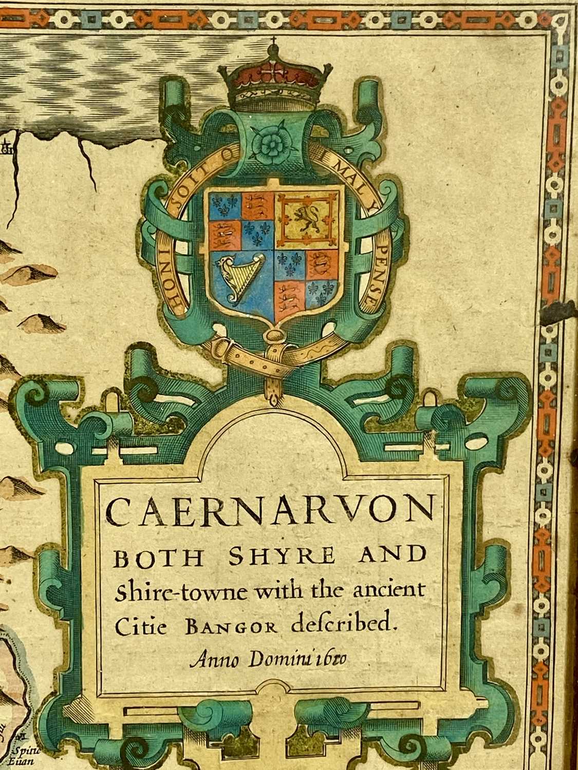 JOHN SPEED coloured engraved map of Caernarvon, both Shyre and Shire-towne with the ancient citie - Image 5 of 5