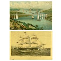 TWO ANGLESEY ASSOCIATED PRINTS, comprising an antique print of the Menai Straits showing the two