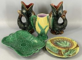 VICTORIAN MAJOLICA POTTERY comprising two fish glug-jugs, 26cms (h), corn on the cob jug, 19cms (h),