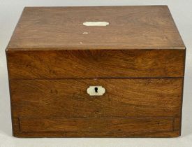 VICTORIAN ROSEWOOD TRINKET BOX, the hinged cover with mother of pearl inlaid cartouche, interior