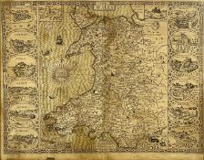JOHN SPEED uncoloured engraved map of Wales, John Sudbury and George Humble, dated 1610, twelve oval