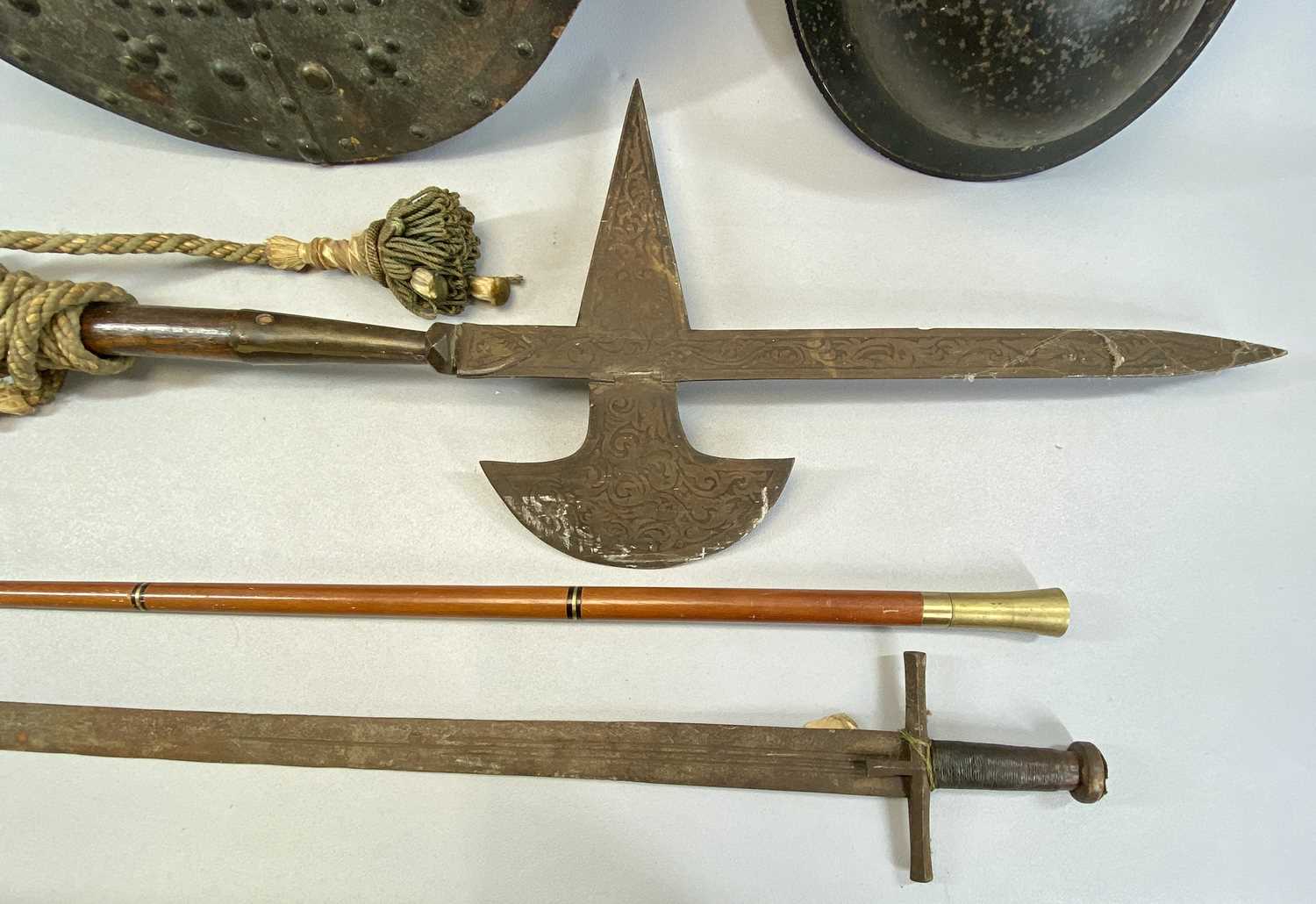 GROUP OF ANTIQUE STYLE WEAPONS & OTHER ITEMS, including WW2 period steel helmet, a halberd with - Image 3 of 3