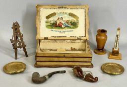 INLAID HABANA CIGAR BOX & CONTENTS, to include a Mauchline ware obelisk thermometer showing views of
