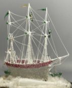 VICTORIAN GLASS FRIGGER & DISPLAY DOME, in the form of a three-masted sailing ship with smaller ship