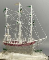 VICTORIAN GLASS FRIGGER & DISPLAY DOME, in the form of a three-masted sailing ship with smaller ship