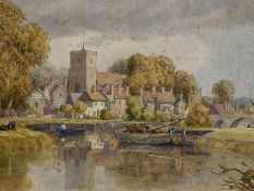 SAMUEL STANDICE BODEN (British. 1826-1896) watercolour - church by river with boats and figure