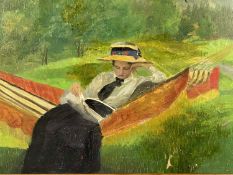 ‡ BARTHOLOMAUS HOLLAUS (German. 1877-1943) oil / collage on board - young lady reading a book in
