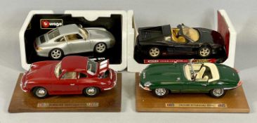 BURAGO/MIRA 1-18 SCALE DIECAST SPORTS CARS, 43516 Jaguar E Cabriolet (1961), 3521 Porsche 356B Coupe