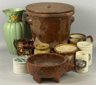 19TH CENTURY AND LATER KITCHENWARE, to include Buckley half glazed two-handled bread crock with pine