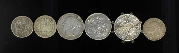 COLLECTION OF SILVER COINS comprising two Victorian crowns, 1899 and 1845, two Victoria half-crowns,
