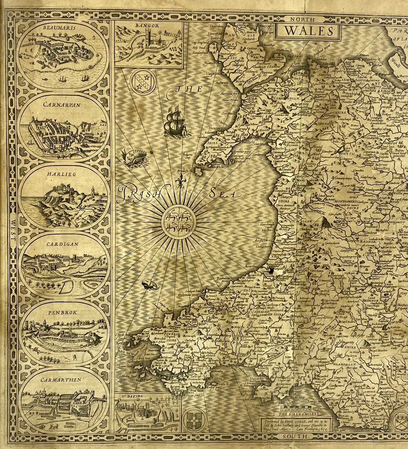 JOHN SPEED uncoloured engraved map of Wales, John Sudbury and George Humble, dated 1610, twelve oval - Image 2 of 5