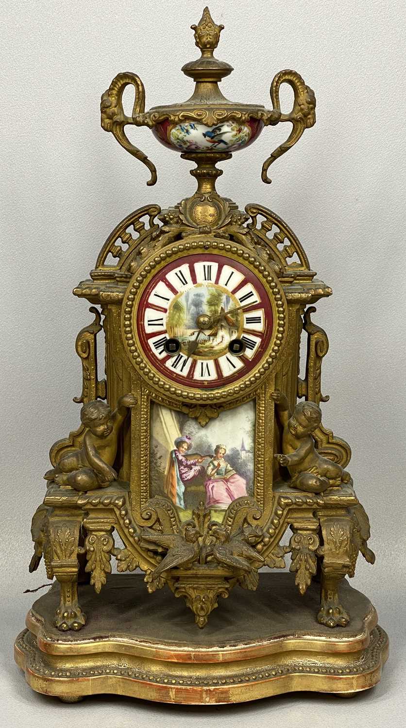 FRENCH GILT METAL SEVRES STYLE PORCELAIN CLOCK GARNITURE, late 19th century, the hand painted panels - Image 2 of 5