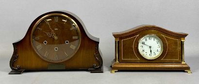 EDWARDIAN MAHOGANY CASE DOME TOP MANTEL CLOCK, inlaid with stringing and with gilded brass fittings,