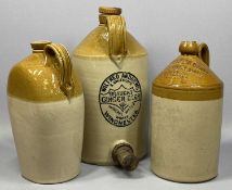 THREE ANTIQUE STONEWARE FLAGONS, Wilfred Andrews St Swithuns, draught ginger beer, 43cms (h),